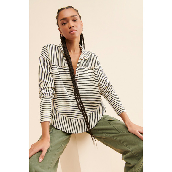 Anthropologie Tops - Anthropologie Pilcro Oversized Striped Lace-Up Splice Henley Top Neutral Size XS